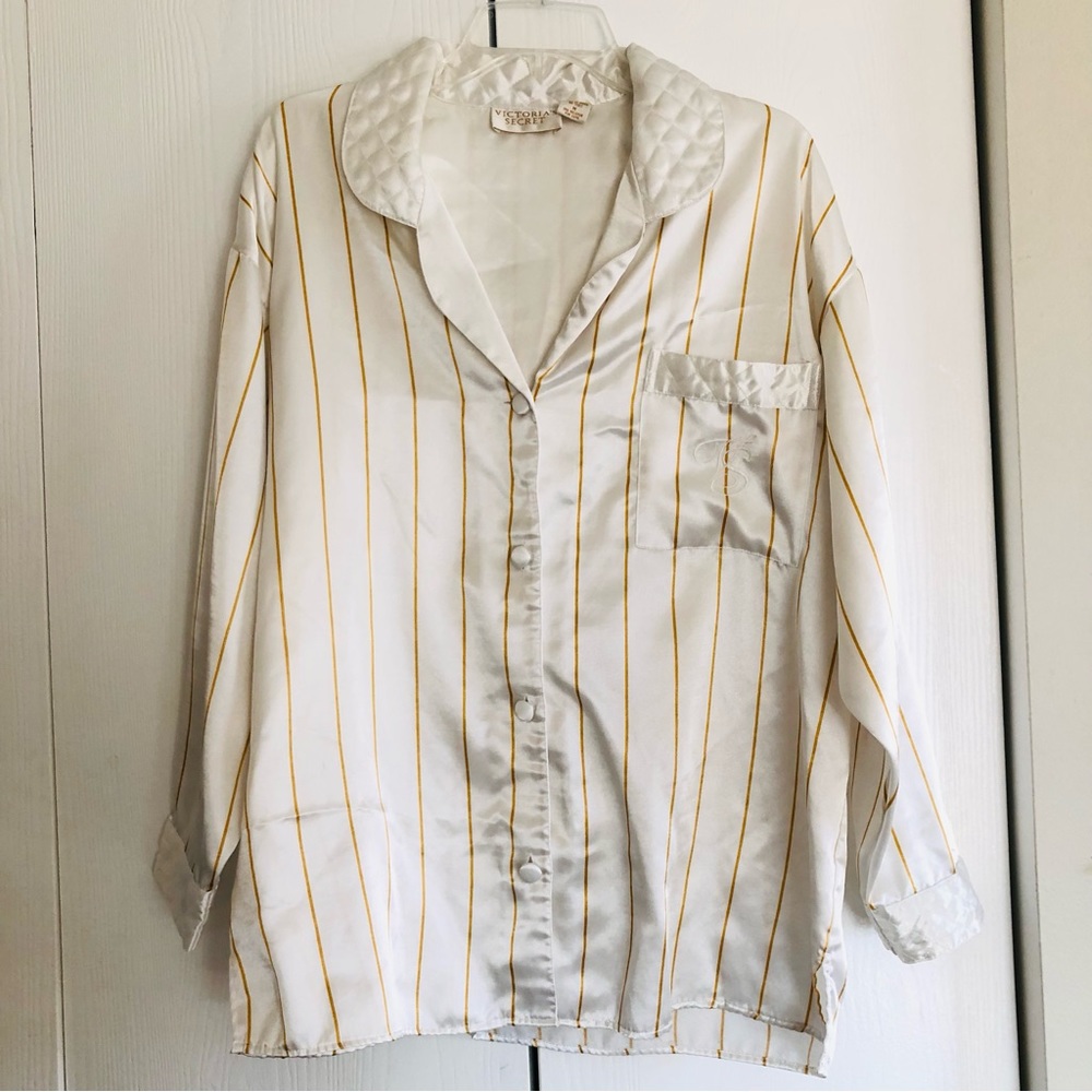 Vintage Victoria’s Secret Gold Label Quilted Pinstripe Satin PJ Long Sleeve Top